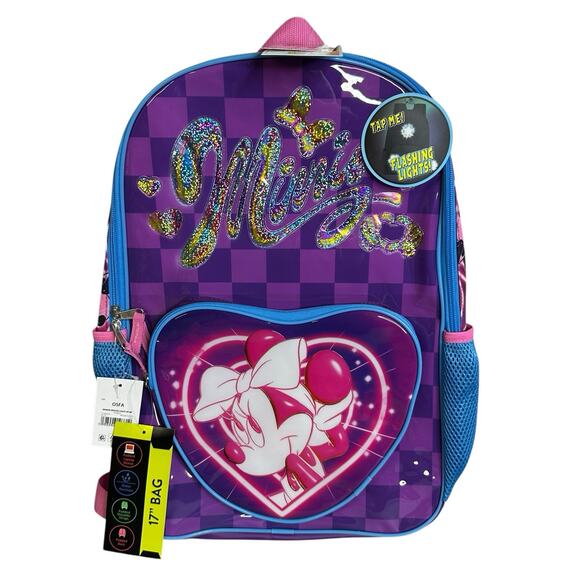 Disney Minnie Mouse Girls 17 inch Heart Light Up Backpack Purple Kids School New - Picture 1 of 7